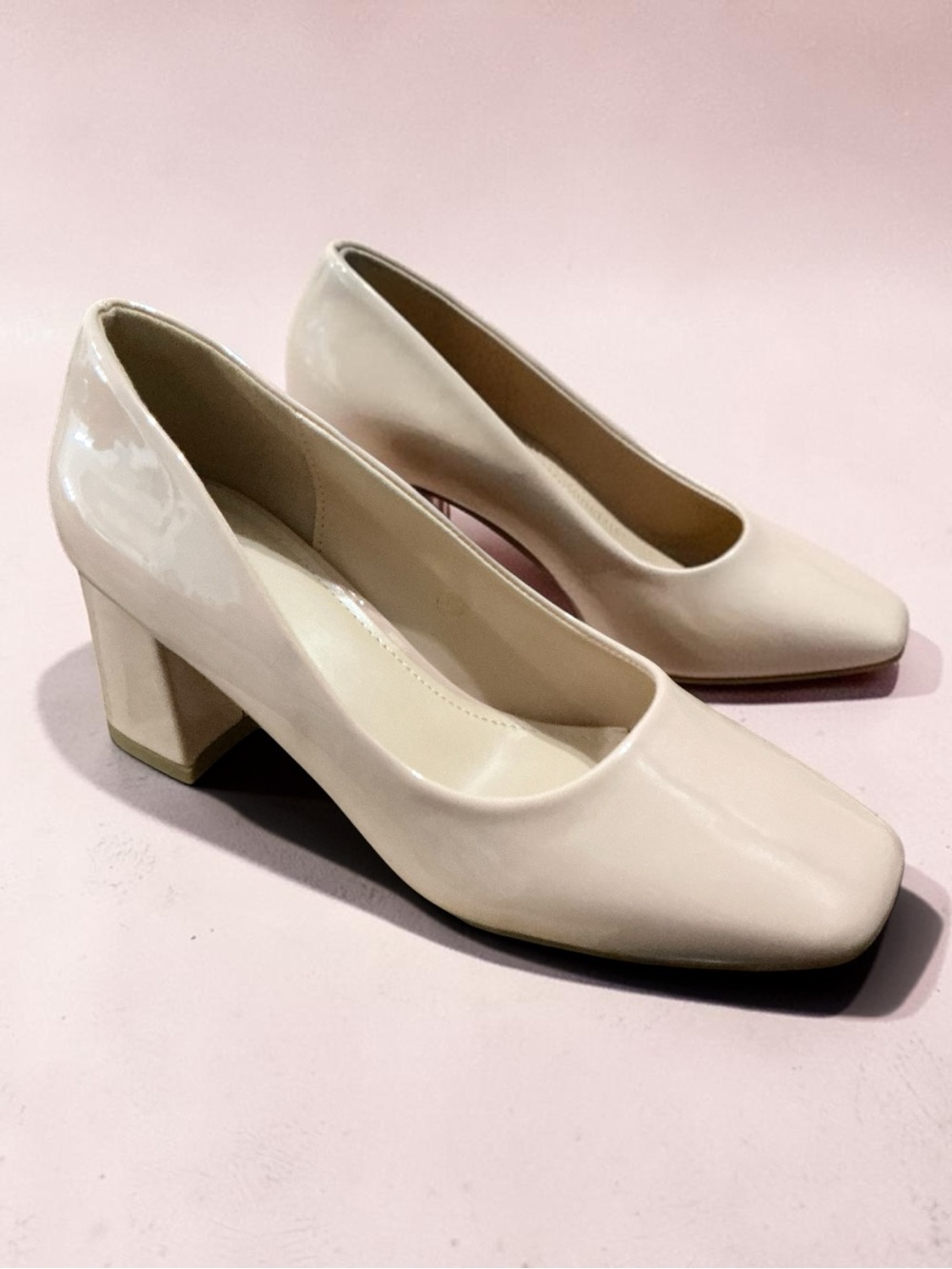 Classic Patent Block Heel Pumps in Cream